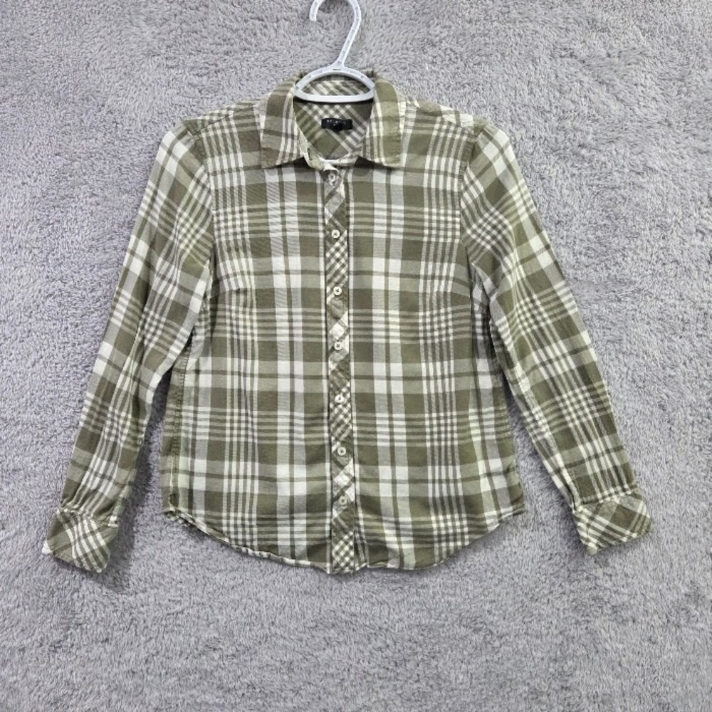 Talbots Plaid Button Up Shirt Womens Petite P Olive Green Long Sleeve Top Earthy